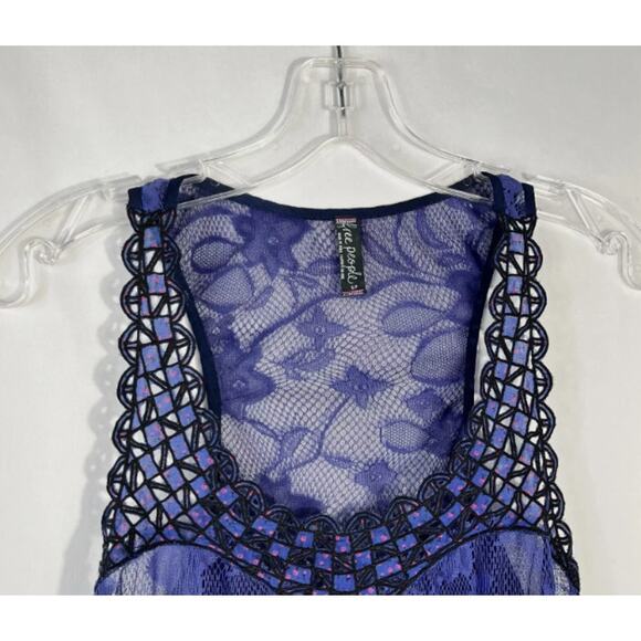 Free People Indigo Blue Chiffon Ruffle Hem Lace Sheer Swing Tank Top Small S - Picture 5 of 9